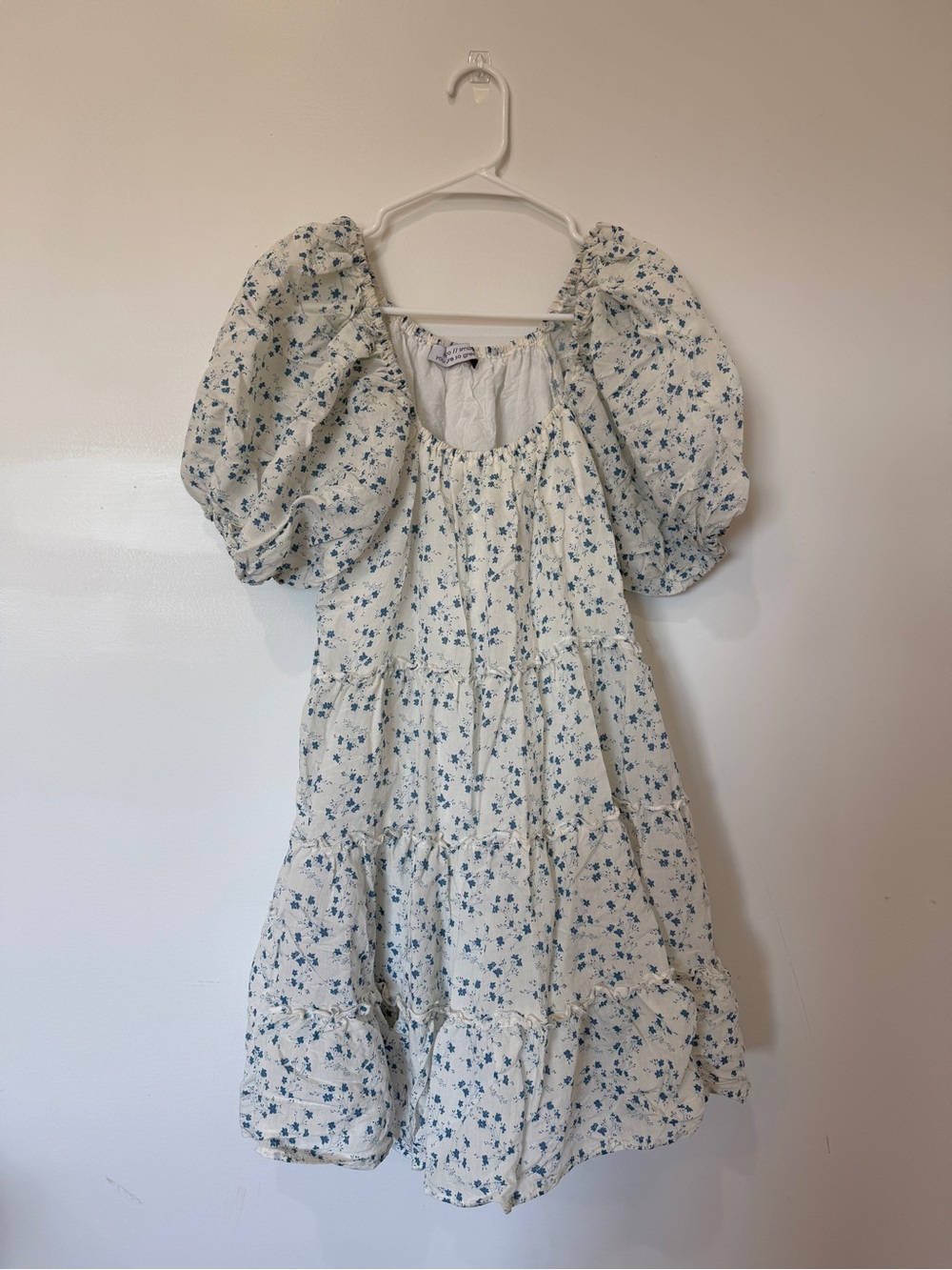 Puff-Sleeve Mini Dress in White with Blue Floral Print